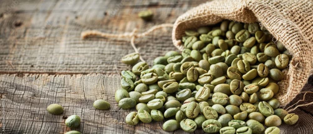 Raw unroasted green coffee beans in burlap sacks